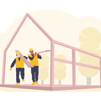 An illustration of a wooden house frame and two builders